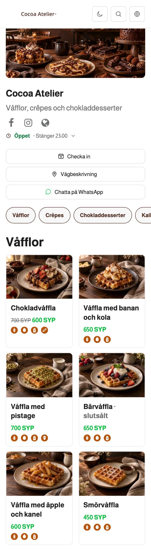 Menyn för Cocoa Atelier