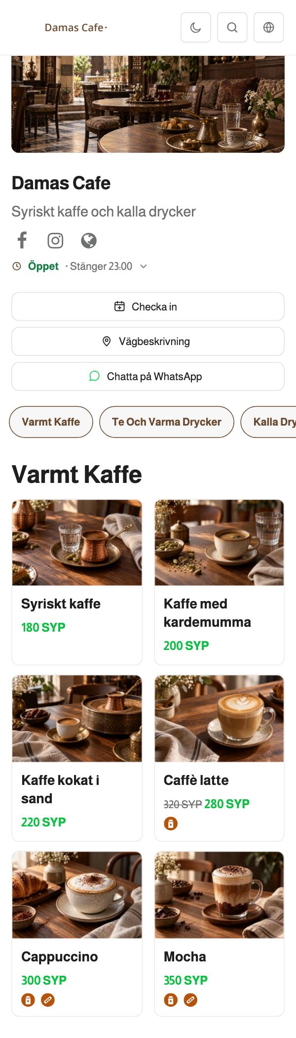 Menyn för Damas Cafe