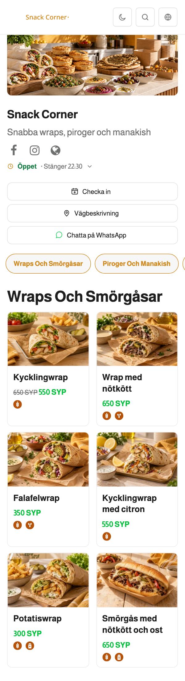 Menyn för Snack Corner