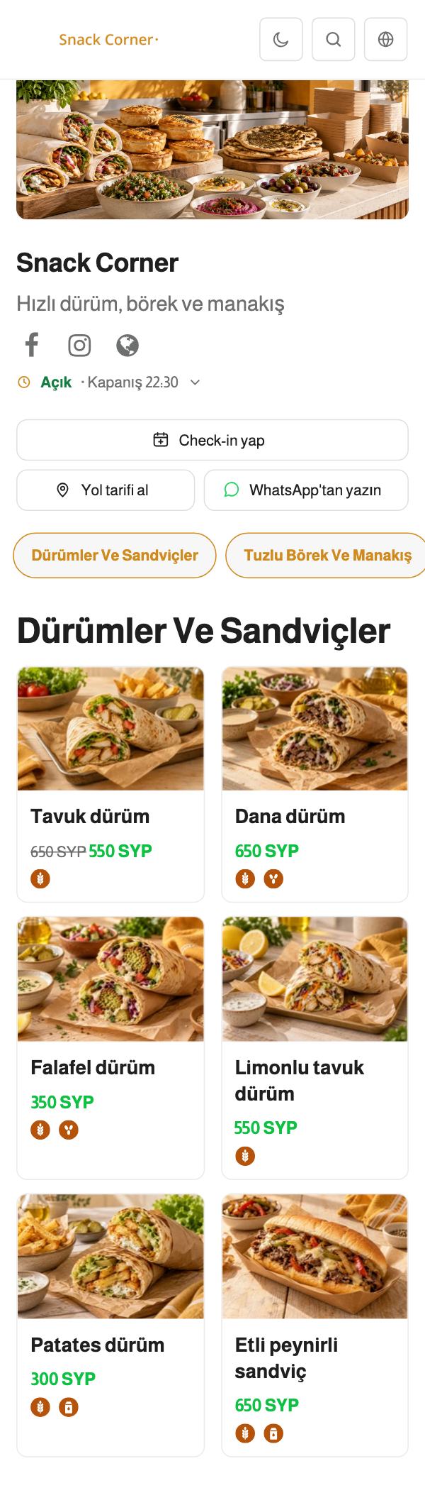 Snack Corner menüsü