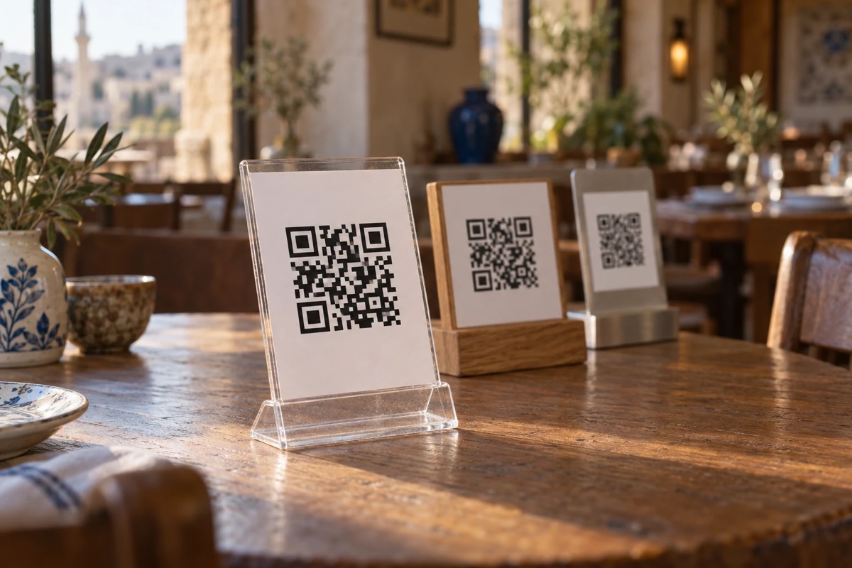 حوامل رمز QR من البلكسي والخشب والمعدن على طاولة